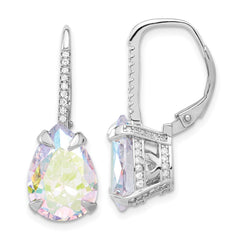 QE17165 Sterling Silver Rhodium-plated Pear Iridescent CZ Leverback Earrings