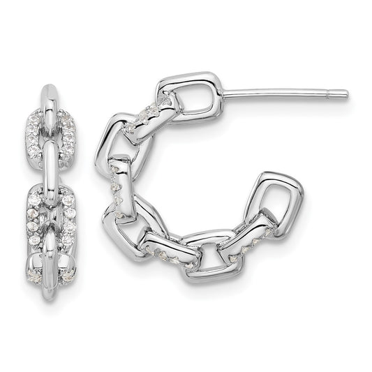 QE17166 Sterling Silver Rhodium-plated with CZ Link Design Post Hoop Earrings