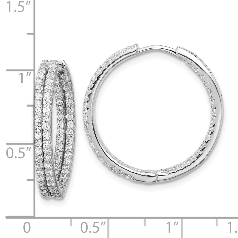 QE17201 Sterling Silver Rhodium-plated Double Row CZ In and Out Hoop Earrings