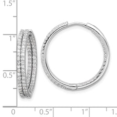 QE17201 Sterling Silver Rhodium-plated Double Row CZ In and Out Hoop Earrings
