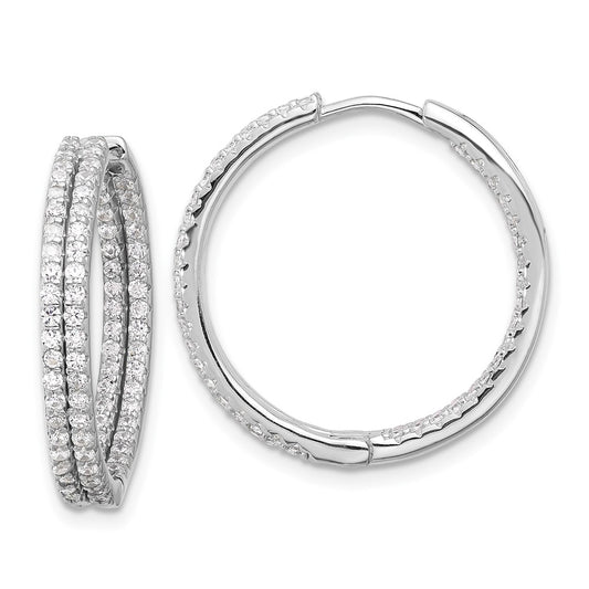 QE17201 Sterling Silver Rhodium-plated Double Row CZ In and Out Hoop Earrings