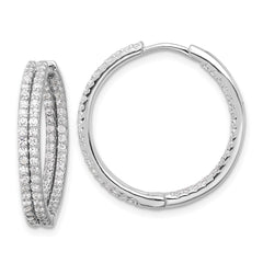 QE17201 Sterling Silver Rhodium-plated Double Row CZ In and Out Hoop Earrings