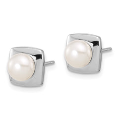 QE17211 Sterling Silver Rhodium-plated 6-7mm White Button Freshwater Cultured Pearl Square Post Earrings