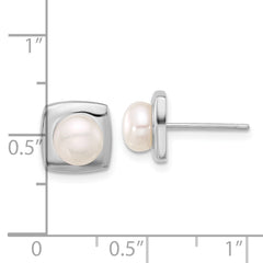 QE17211 Sterling Silver Rhodium-plated 6-7mm White Button Freshwater Cultured Pearl Square Post Earrings