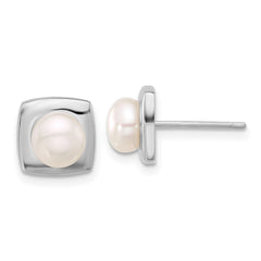 QE17211 Sterling Silver Rhodium-plated 6-7mm White Button Freshwater Cultured Pearl Square Post Earrings