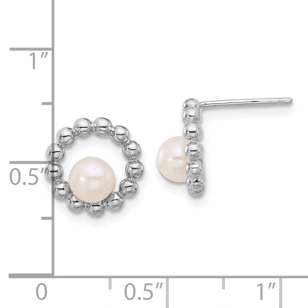 QE17212 Sterling Silver Rhodium-plated 5-6mm White Button Freshwater Cultured Pearl Circle Post Earrings
