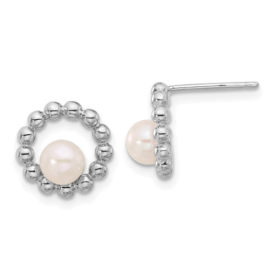 QE17212 Sterling Silver Rhodium-plated 5-6mm White Button Freshwater Cultured Pearl Circle Post Earrings
