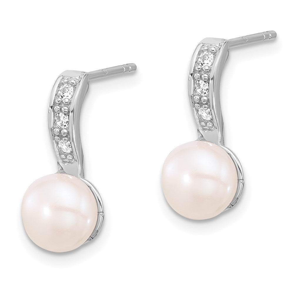QE17217 Sterling Silver Rhodium-plated 8-8.5mm White Button Freshwater Cultured Pearl and CZ Post Dangle Earrings
