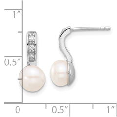 QE17217 Sterling Silver Rhodium-plated 8-8.5mm White Button Freshwater Cultured Pearl and CZ Post Dangle Earrings