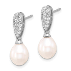 QE17218 Sterling Silver Rhodium-plated 8-9mm White Teardrop Freshwater Cultured Pearl and CZ Post Dangle Earrings