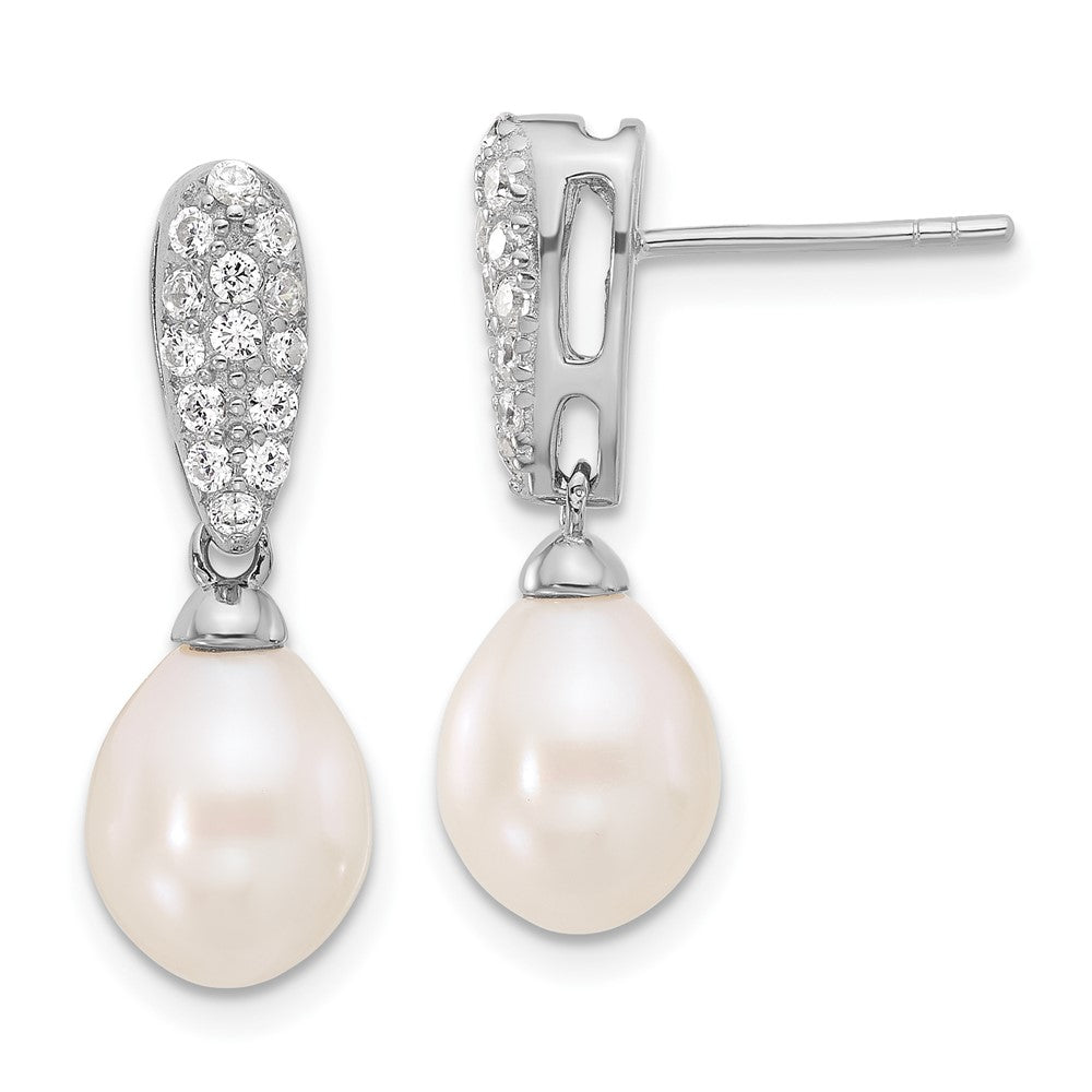 QE17218 Sterling Silver Rhodium-plated 8-9mm White Teardrop Freshwater Cultured Pearl and CZ Post Dangle Earrings