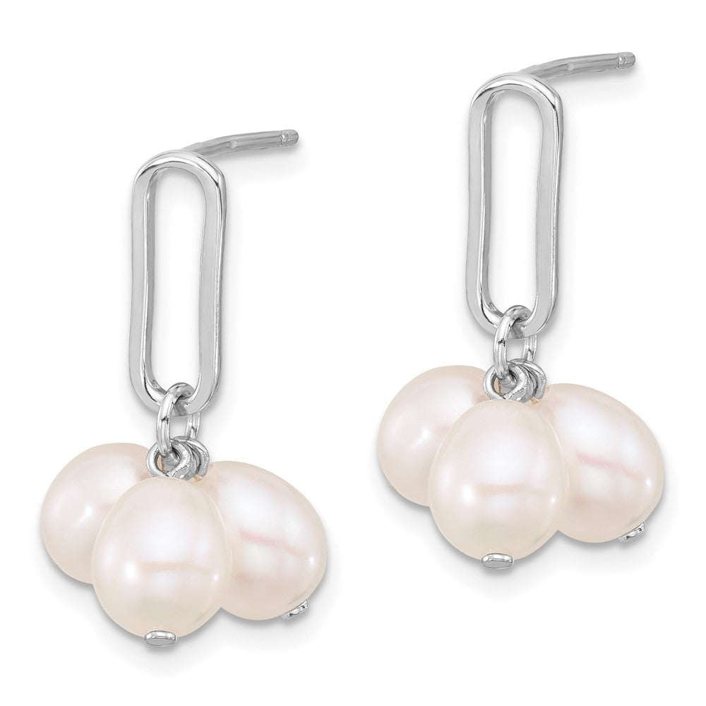QE17219 Sterling Silver Rhodium-plated 5-6mm White Rice Freshwater Cultured Pearl Post Dangle Earrings