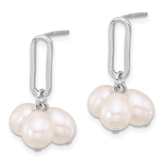 QE17219 Sterling Silver Rhodium-plated 5-6mm White Rice Freshwater Cultured Pearl Post Dangle Earrings