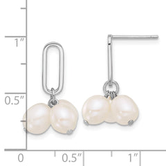 QE17219 Sterling Silver Rhodium-plated 5-6mm White Rice Freshwater Cultured Pearl Post Dangle Earrings
