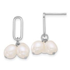 QE17219 Sterling Silver Rhodium-plated 5-6mm White Rice Freshwater Cultured Pearl Post Dangle Earrings