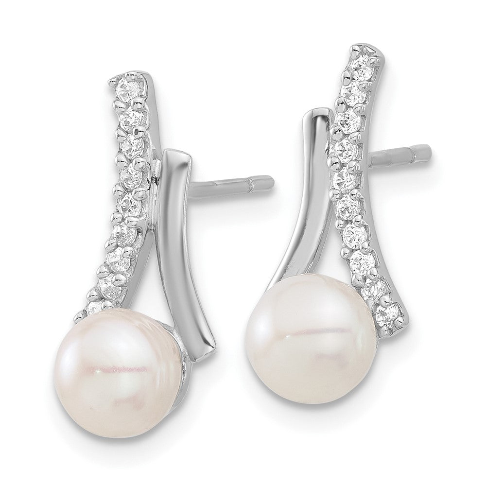 QE17220 Sterling Silver Rhodium-plated CZ/Button 6mm FWC Pearl Post Earrings