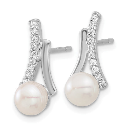 QE17220 Sterling Silver Rhodium-plated CZ/Button 6mm FWC Pearl Post Earrings