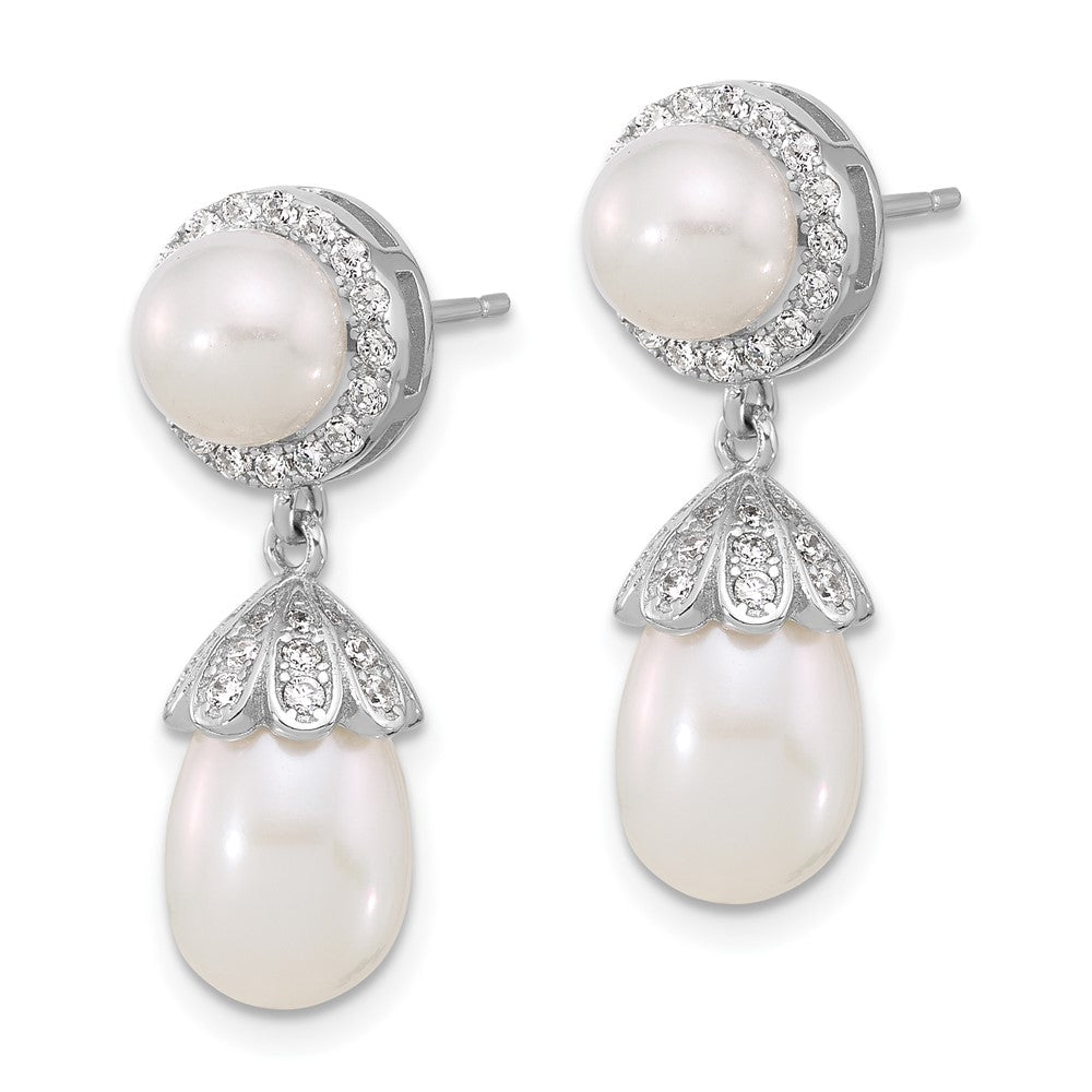 QE17221 Sterling Silver Rhodium-plated 6-8mm White Rice and Button Freshwater Cultured Pearl and CZ Post Dangle Earrings