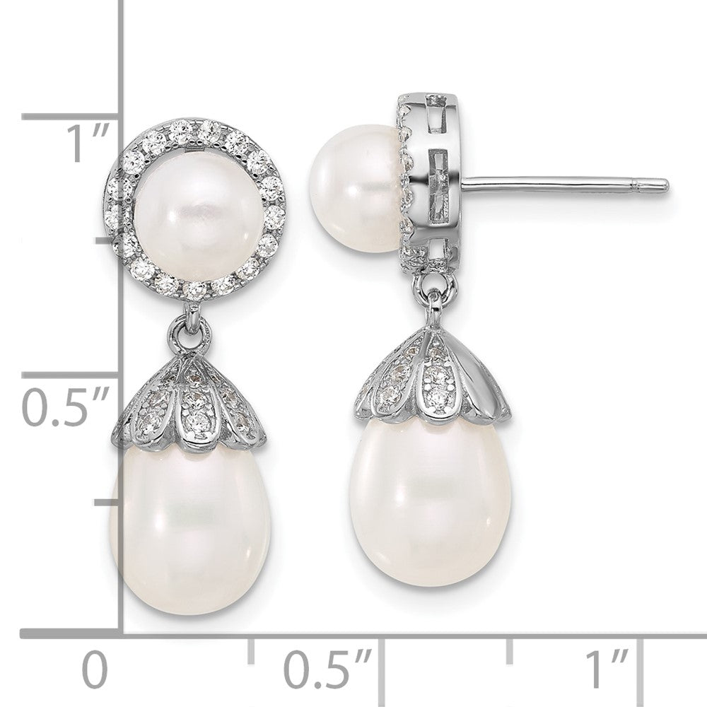 QE17221 Sterling Silver Rhodium-plated 6-8mm White Rice and Button Freshwater Cultured Pearl and CZ Post Dangle Earrings