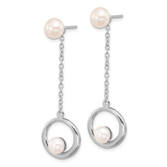 QE17222 Sterling Silver Rhodium-plated 5-7mm White Button Freshwater Cultured Pearl Post Dangle Earrings