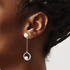 QE17222 Sterling Silver Rhodium-plated 5-7mm White Button Freshwater Cultured Pearl Post Dangle Earrings
