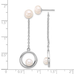 QE17222 Sterling Silver Rhodium-plated 5-7mm White Button Freshwater Cultured Pearl Post Dangle Earrings