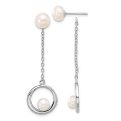 QE17222 Sterling Silver Rhodium-plated 5-7mm White Button Freshwater Cultured Pearl Post Dangle Earrings