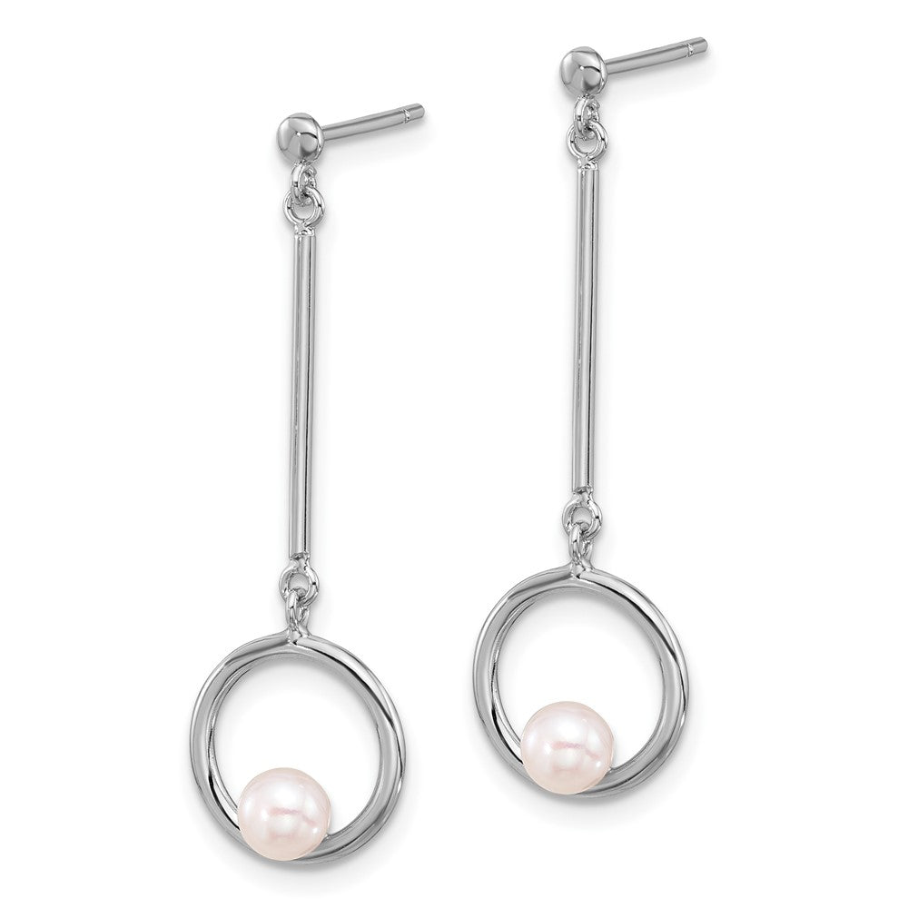 QE17223 Sterling Silver Rhodium-plated 4-4.5mm White Semi-Round Freshwater Cultured Pearl Post Dangle Earrings