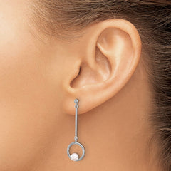 QE17223 Sterling Silver Rhodium-plated 4-4.5mm White Semi-Round Freshwater Cultured Pearl Post Dangle Earrings