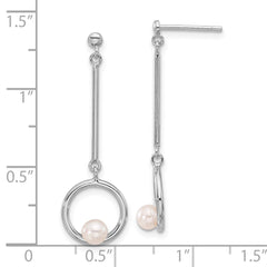 QE17223 Sterling Silver Rhodium-plated 4-4.5mm White Semi-Round Freshwater Cultured Pearl Post Dangle Earrings