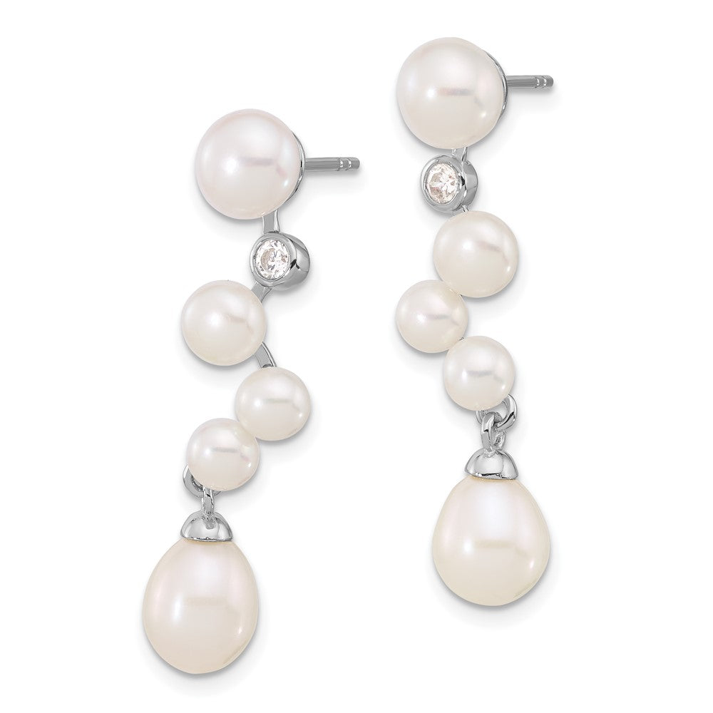 QE17226 Sterling Silver Rhodium-plated 7-8/4-7mm White Rice and Button Freshwater Cultured Pearl and CZ Post Dangle Earrings