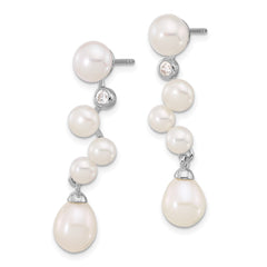 QE17226 Sterling Silver Rhodium-plated 7-8/4-7mm White Rice and Button Freshwater Cultured Pearl and CZ Post Dangle Earrings
