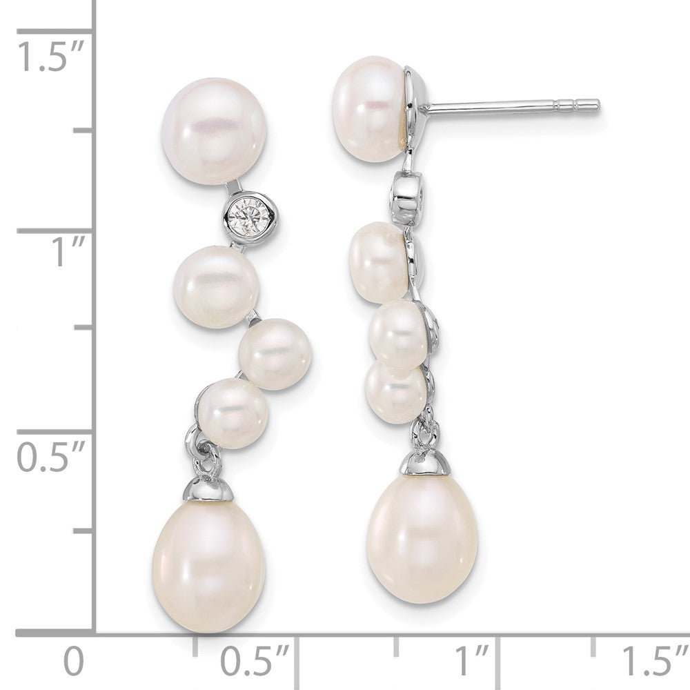 QE17226 Sterling Silver Rhodium-plated 7-8/4-7mm White Rice and Button Freshwater Cultured Pearl and CZ Post Dangle Earrings