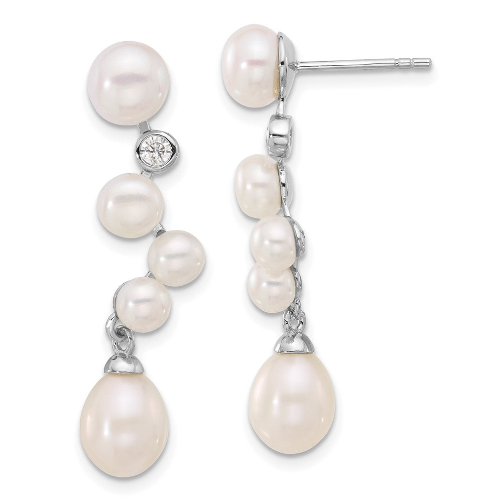 QE17226 Sterling Silver Rhodium-plated 7-8/4-7mm White Rice and Button Freshwater Cultured Pearl and CZ Post Dangle Earrings