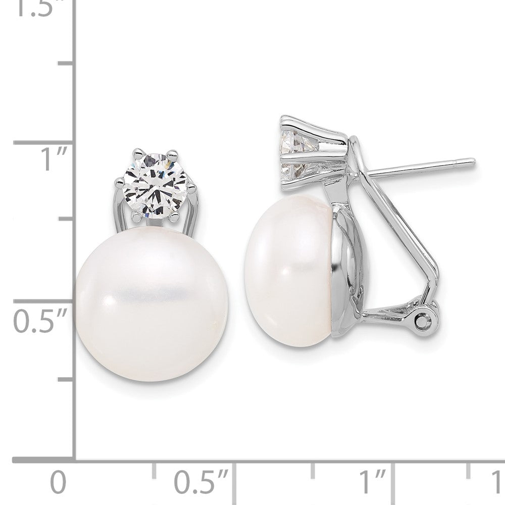 QE17230 Sterling Silver Rhodium-plated 12-13mm White Freshwater Cultured Pearl and CZ Omega Back Earrings