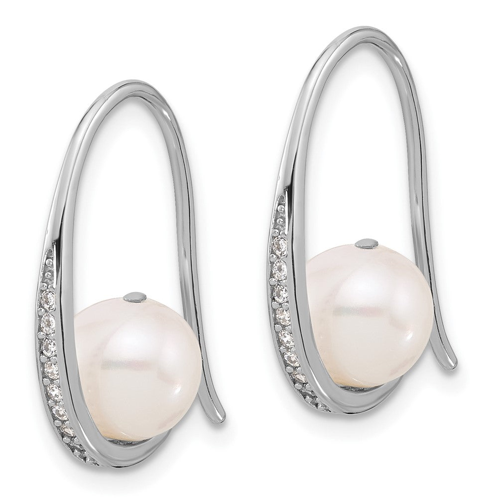 QE17231 Sterling Silver Rhodium-plated 8-8.5mm White Semi-Round Freshwater Cultured Pearl and CZ Shepherd Hook Earrings