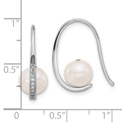 QE17231 Sterling Silver Rhodium-plated 8-8.5mm White Semi-Round Freshwater Cultured Pearl and CZ Shepherd Hook Earrings