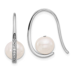 QE17231 Sterling Silver Rhodium-plated 8-8.5mm White Semi-Round Freshwater Cultured Pearl and CZ Shepherd Hook Earrings