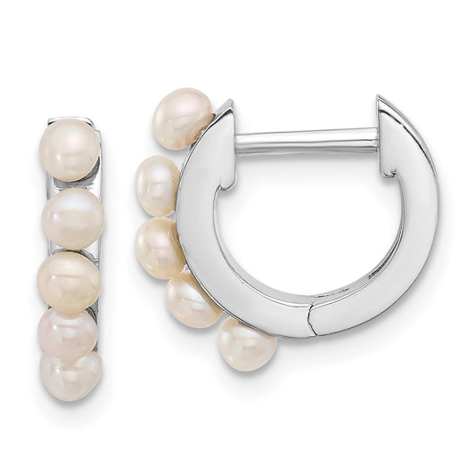 QE17232 Sterling Silver Rhodium-plated 2.5-3mm White Button Freshwater Cultured Pearl Hinged Hoop Earrings