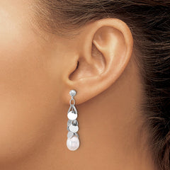 QE17234 Sterling Silver Rhodium-plated 7-8mm White Teardrop Freshwater Cultured Pearl Post Dangle Earrings