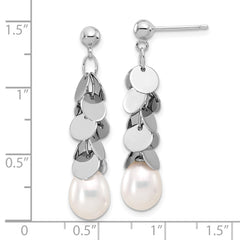 QE17234 Sterling Silver Rhodium-plated 7-8mm White Teardrop Freshwater Cultured Pearl Post Dangle Earrings