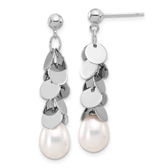 QE17234 Sterling Silver Rhodium-plated 7-8mm White Teardrop Freshwater Cultured Pearl Post Dangle Earrings