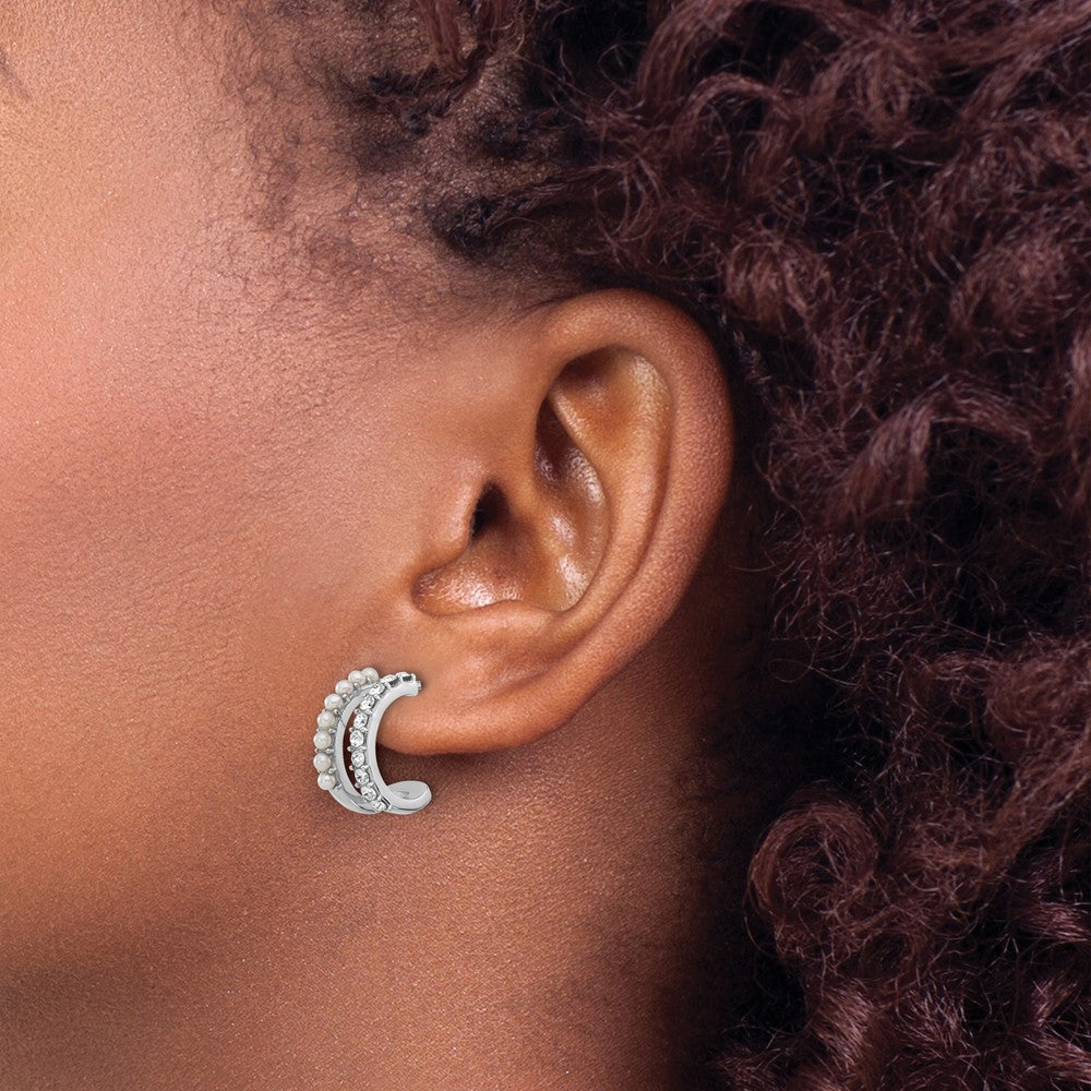 QE17236 Sterling Silver RH-plated FWC Pearl and Crystal Double Post Hoop Earrings