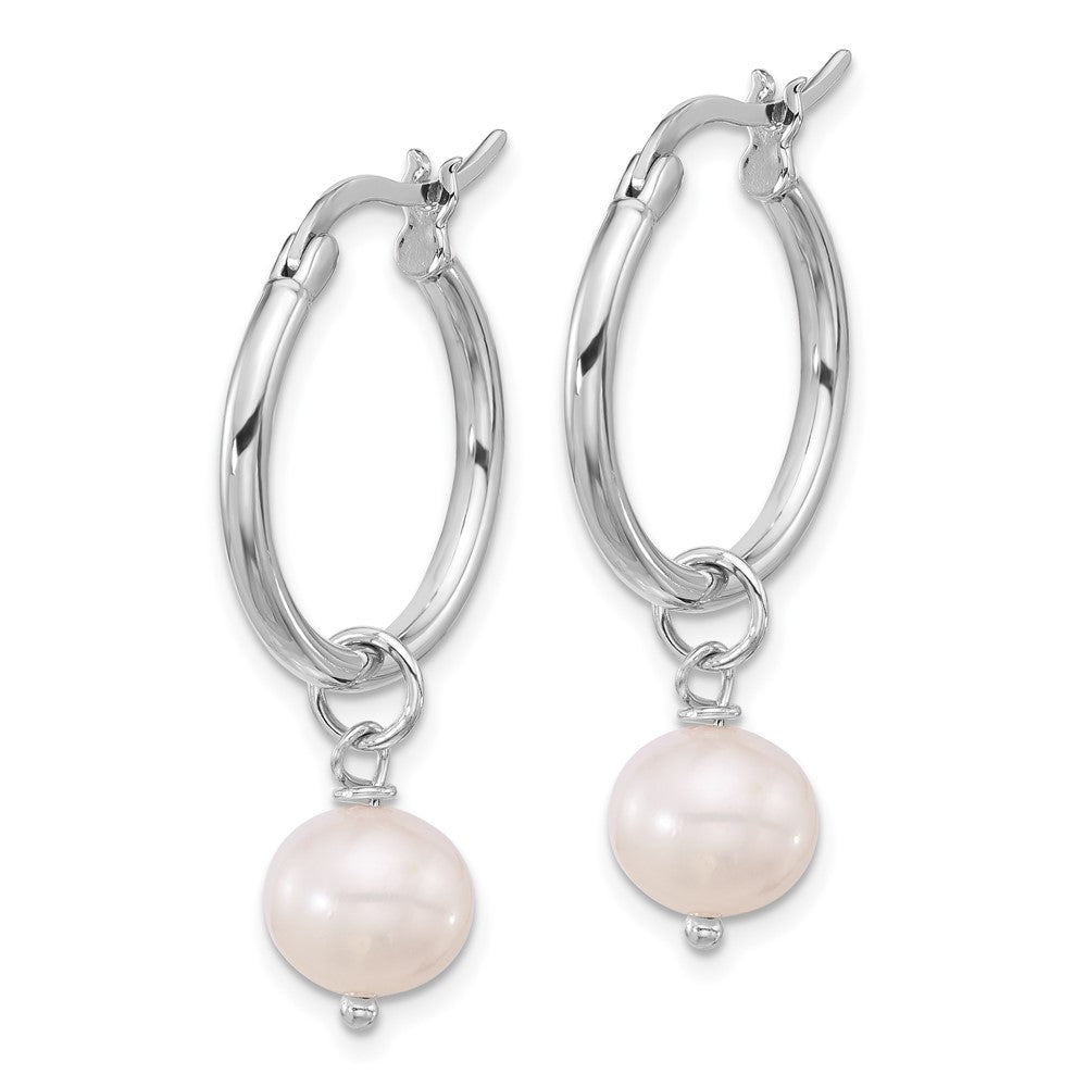 QE17239 Sterling Silver Rhodium-plated 8-9mm White Near-Round Freshwater Cultured Pearl Dangle Hoop Earrings