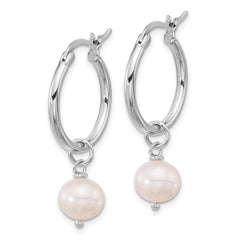 QE17239 Sterling Silver Rhodium-plated 8-9mm White Near-Round Freshwater Cultured Pearl Dangle Hoop Earrings