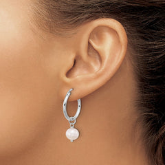 QE17239 Sterling Silver Rhodium-plated 8-9mm White Near-Round Freshwater Cultured Pearl Dangle Hoop Earrings