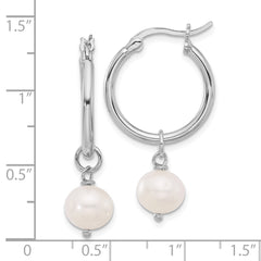 QE17239 Sterling Silver Rhodium-plated 8-9mm White Near-Round Freshwater Cultured Pearl Dangle Hoop Earrings