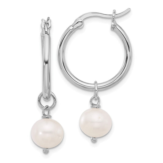 QE17239 Sterling Silver Rhodium-plated 8-9mm White Near-Round Freshwater Cultured Pearl Dangle Hoop Earrings