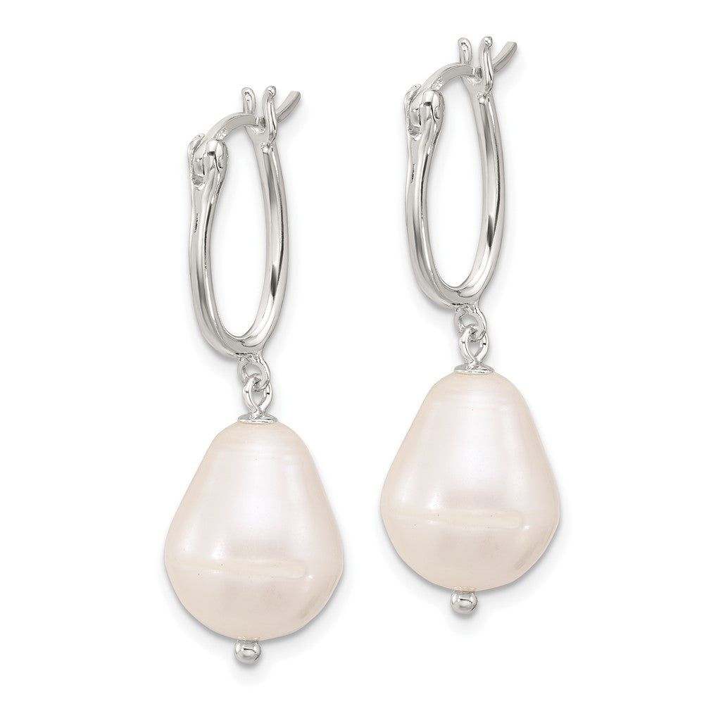 QE17240 Sterling Silver Polished Teardrop FWC Pearl Dangle Oval Hoop Earrings