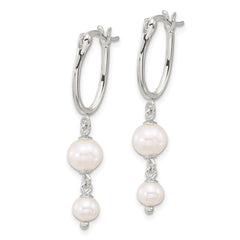 QE17241 Sterling Silver Polished Double FWC Pearl Dangle Oval Hoop Earrings